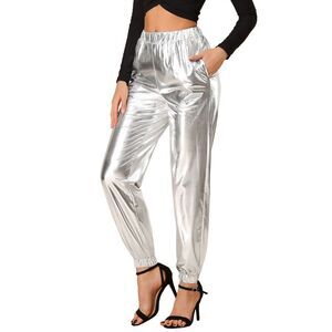 Metallic Trousers Shiny Sparkle Elastic Waist Holographic Pants Sliver